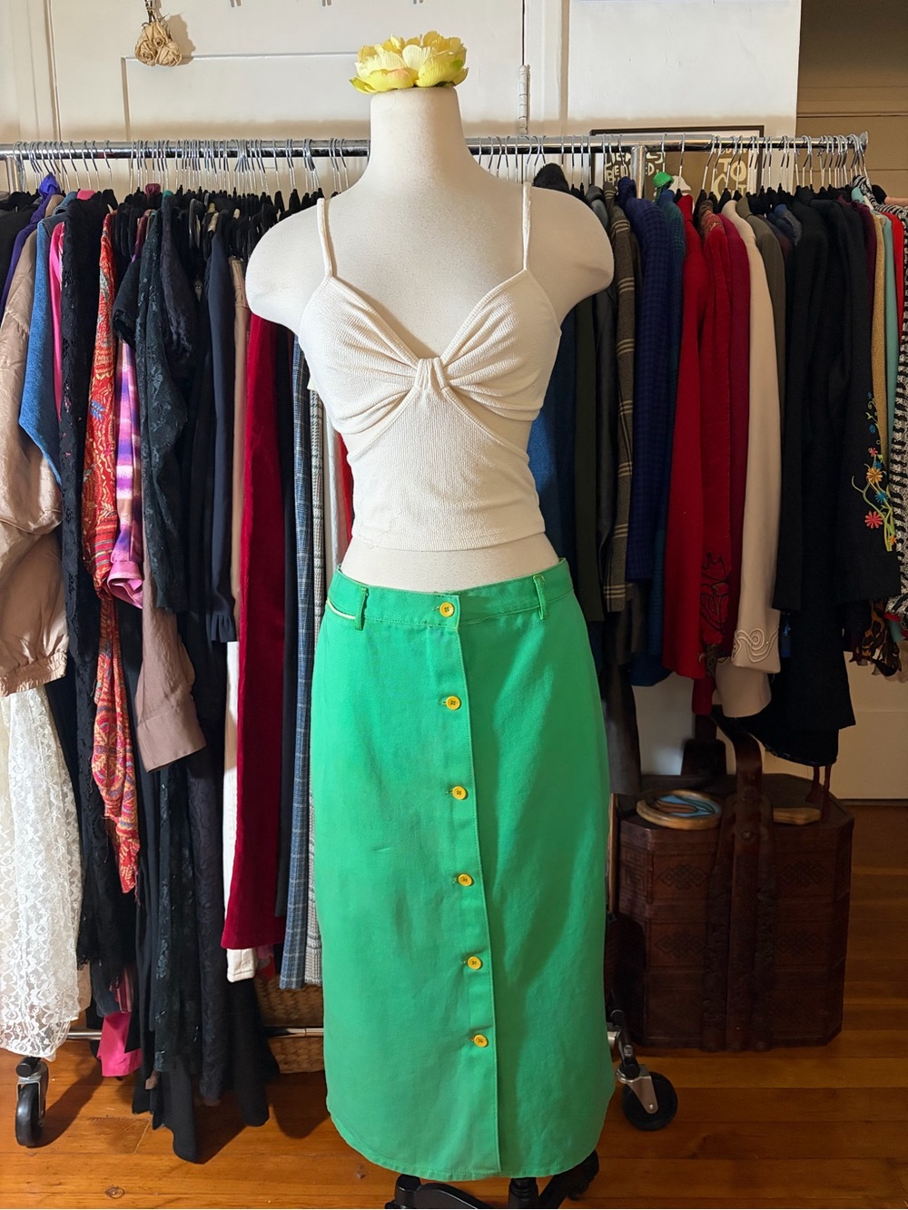 VTG 70s 80s Gloria Vanderbilt Green Button Front Midi Skirt Piping  READ